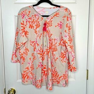 Belle by Kim Gravel Coral Reef Print Blouse Tassel Tie Beige Pink Orange | CL